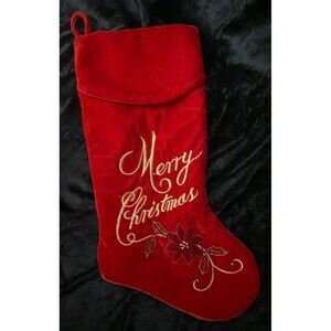 Merry Christmas Red w/ Metallic Gold & Green Stitching & Bead Christmas Stocking